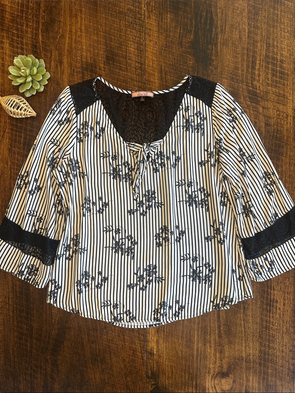 Olive Hill | Striped & Floral Lace Accent Blouse, Bohemian Dark Romance, Size L